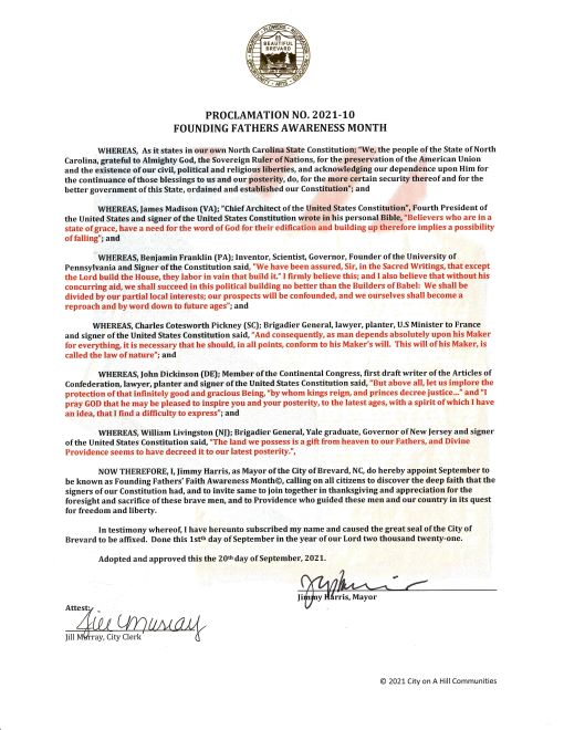 Founding Fathers' Faith Awareness Month Proclamation